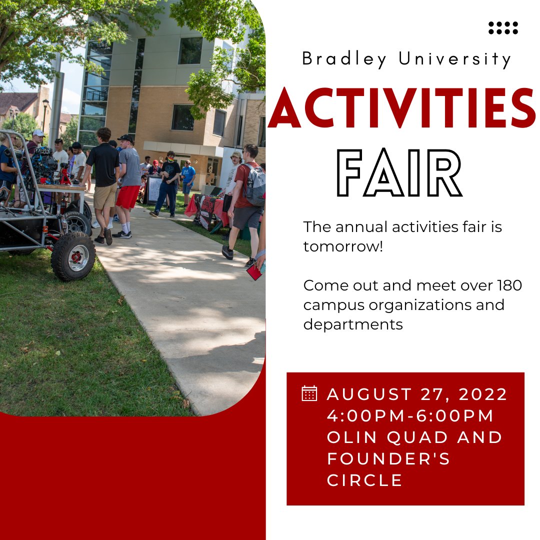 BradleySAO's tweet photo. Annual Activities Fair is Saturday! Come out tomorrow to meet over 180 clubs and campus departments on Olin Quad and Founder's Circle 4pm-6pm! #BInvolved https://t.co/PDIuARiQwd