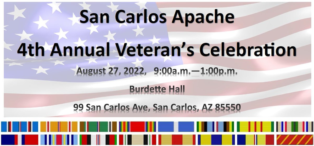 AZVETS's tweet photo. The San Carlos Apache 4th Annual Veteran’s Celebration—Stand Down is TOMORROW (8/27) from 9AM-1PM. This event is FREE &amp; OPEN to ALL #Veterans, family members, and community members.

For more information visit: https://t.co/kKgXAfpSlq

#AZVets #veteranevents #veterancare https://t.co/sY3EAl0ycJ