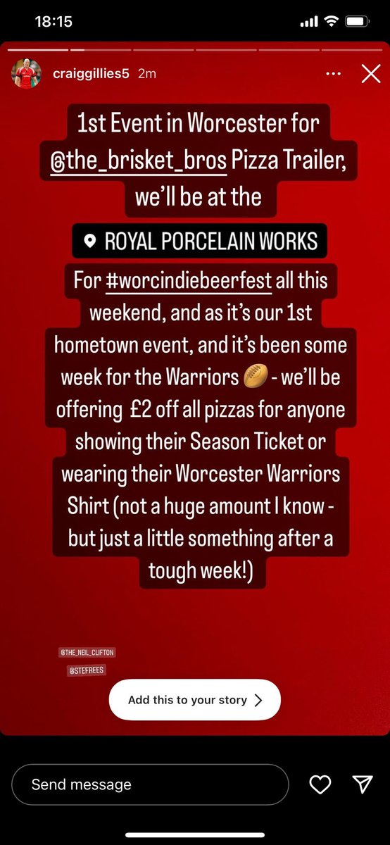 #RugbyWorcs (@rugbyworcs) on Twitter photo Rough week for everyone involved with Warriors.
To spread some cheer the Brisket Bros Pizza trailer is at Goodroots, near the porcelain, most of the weekend serving pies. 🍕
£2 off if you produce a ST or Warriors apparel.
May even spot the owner <a href="/craiggillies5/">Craig Gillies</a> .
🔷🔶 Rough week for everyone involved with Warriors.
To spread some cheer the Brisket Bros Pizza trailer is at Goodroots, near the porcelain, most of the weekend serving pies. 🍕
£2 off if you produce a ST or Warriors apparel.
May even spot the owner <a href="/craiggillies5/">Craig Gillies</a> .
🔷🔶