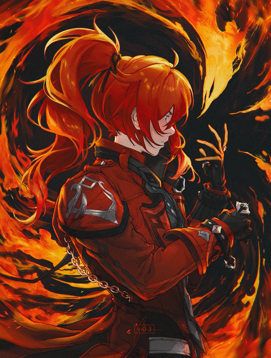 diluc (genshin impact) 1boy gloves ponytail male focus red hair chain fire  illustration images