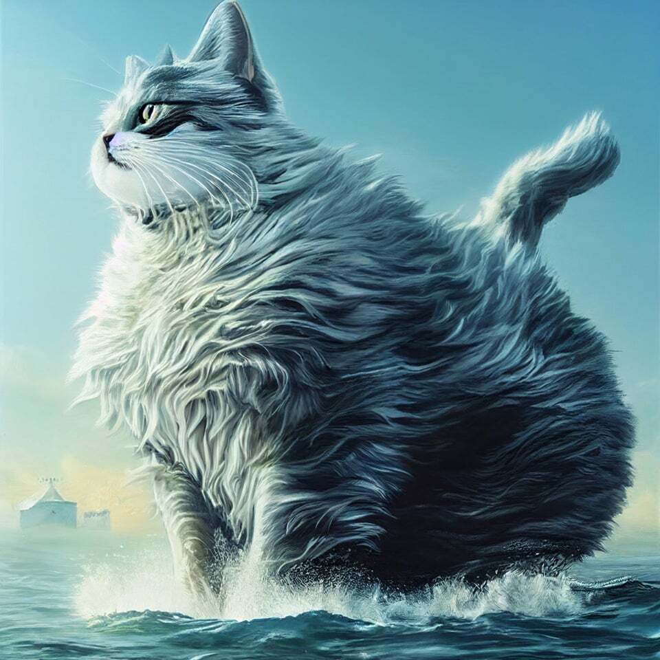 eye_for_ai's tweet image. My favorite image I generated from the Midjourney beta algorithm. I used the second picture posted in the prompt followed with giant house cat rising from ocean: :2 ocean landscape: :1 --iw 4 --beta #AIart #AiArtwork #aiartcommunity