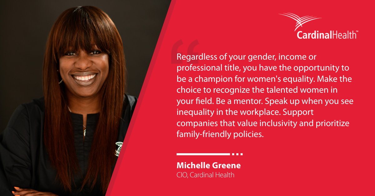 cardinalhealth's tweet photo. Empowering words from our CIO, Michelle Greene. When it comes to womenโs equality we are proud of what weโve accomplished, but we understand there is still work to be done. We are committed to continuing the work. #WomensEqualityDay https://t.co/EQ1XtxomO1 https://t.co/7cv8bnf3PF