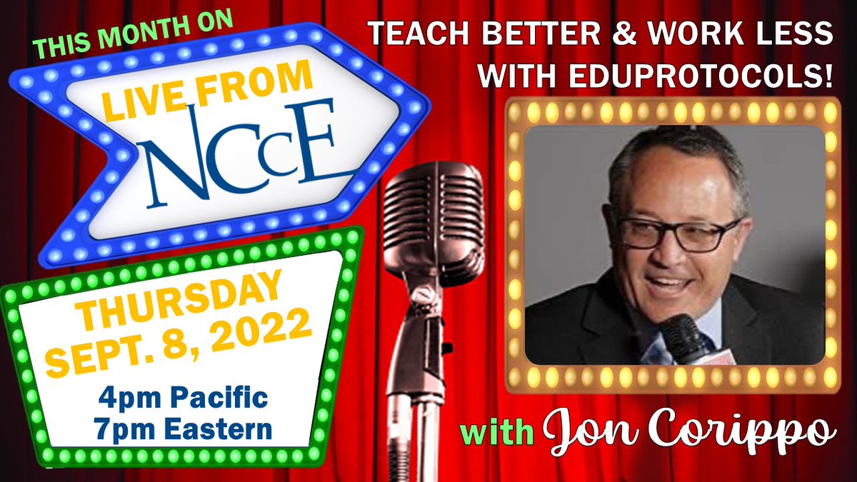 Tammy Dunbar, M.Ed., STEM (@tammydunbar) on Twitter photo We're excited to start the new year on #LiveFromNCCE with a powerhouse & overall helpful guy @jcorippo showing us how to "Teach Better & Work Less with <a href="/eduprotocols/">@EduProtocols</a> ! Join us Thursday, 9/8/2022 at 4pmPacific/7pmEastern! ncce.link/live #IAmNCCE <a href="/NCCE_EdTech/">NCCE: Northwest Council for Computer Education</a> We're excited to start the new year on #LiveFromNCCE with a powerhouse & overall helpful guy @jcorippo showing us how to "Teach Better & Work Less with <a href="/eduprotocols/">@EduProtocols</a> ! Join us Thursday, 9/8/2022 at 4pmPacific/7pmEastern! ncce.link/live #IAmNCCE <a href="/NCCE_EdTech/">NCCE: Northwest Council for Computer Education</a>