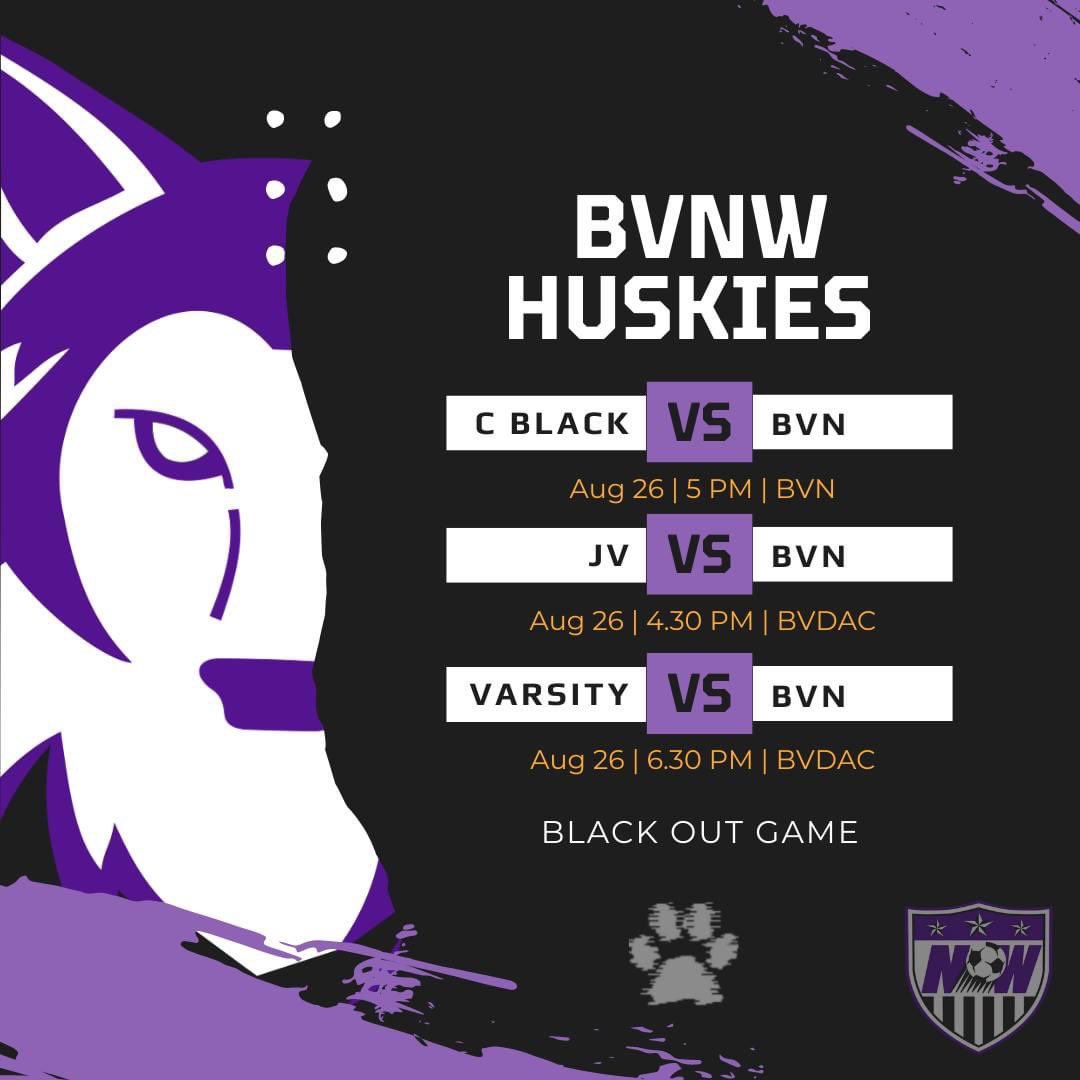 BVNWsoccer's tweet photo. ITโS GAMEDAY! And even better, itโs a BLACK OUT game. Come out and support your Huskies tonight as they on the Blue Valley North Mustangs! #singularfocus #OneNW https://t.co/dzcvTMGXPB