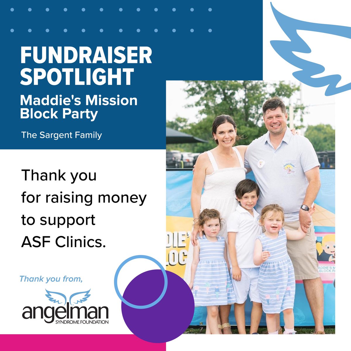 angelman's tweet photo. Huge thanks to the Sargent Family for hosting Maddie’s Mission Foundation Block Party! Their event raised money for the future ASF Clinic. 

Thinking of hosting an event in your area to benefit AS research, clinics or family support? Contact Kitty Murphy at kmurphy@angelman.org. https://t.co/IJm3HxnHMf