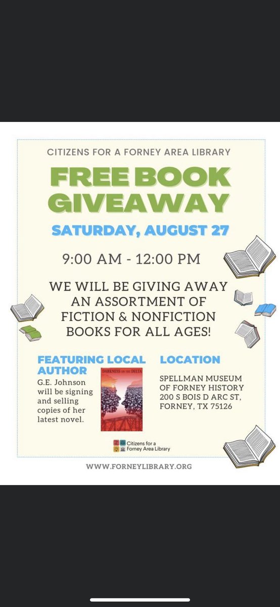 CobarKarina's tweet photo. CFAL is hosting a free book giveaway tomorrow 📚 @CityofForneyGov #cfal #forneylibrary https://t.co/nIWxIxWvpp