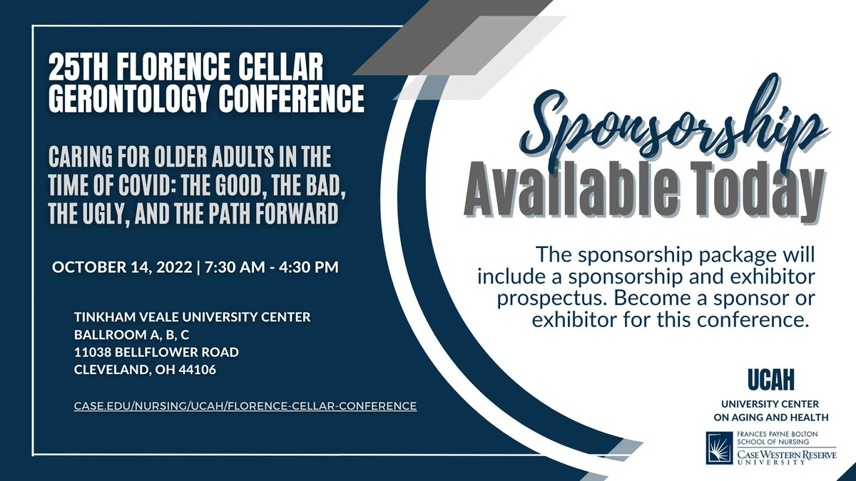 CWRUAgingCenter's tweet photo. 25th Florence Cellar Gerontology Conference

Sponsorship Packages are available today!!!

The sponsorship package will include a sponsorship and exhibitor prospectus. Become a sponsor or exhibitor for this conference.

Select the link for more information.
https://t.co/MMDsjvxHga https://t.co/K83lHnybE7