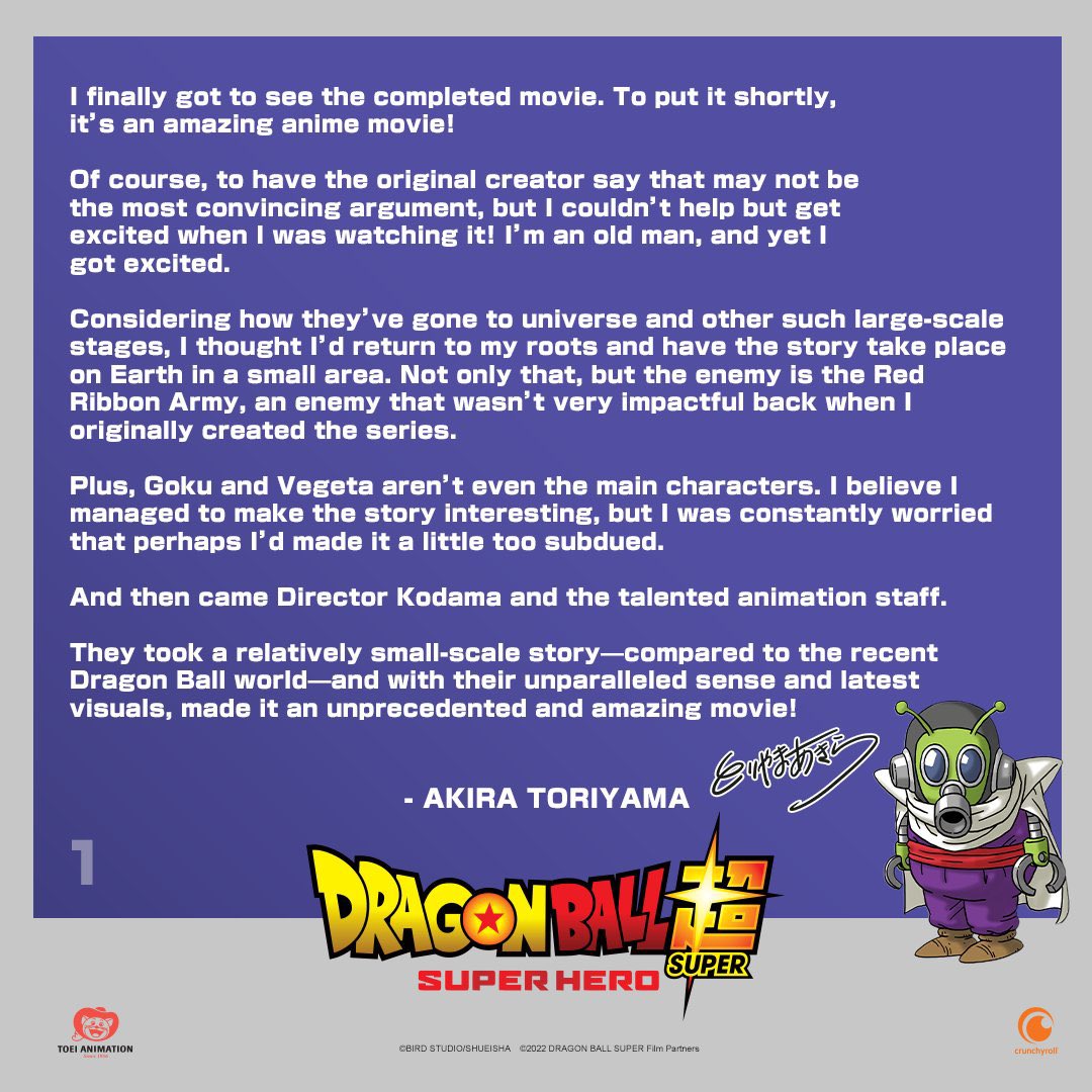 DbsHype's tweet photo. Akira Toriyama’s latest thoughts on DBS: SUPER HERO! https://t.co/ApoNhrXWnm