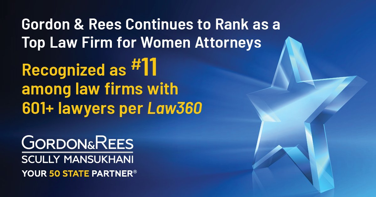gordonreesllp's tweet photo. Gordon & Rees continues to climb the ranks of top firms for women attorneys, per Law360’s 2022 Glass Ceiling Report.
The firm ranked among the top 15 law firms with 601+ lawyers, at No. 11. previously No. 13 pin 2021.
https://t.co/TIeE7shyi8
@Law360 #grsm #gordonrees https://t.co/bN1TpHRDoS