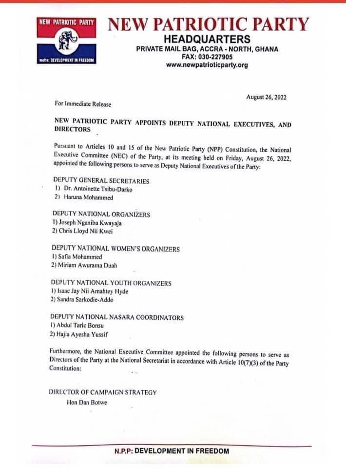 justinkfrimpong's tweet photo. New Patriotic Party appoints Deputy National Executives and Directors. https://t.co/4WiDwsd76J