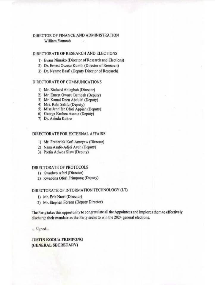 justinkfrimpong's tweet photo. New Patriotic Party appoints Deputy National Executives and Directors. https://t.co/4WiDwsd76J