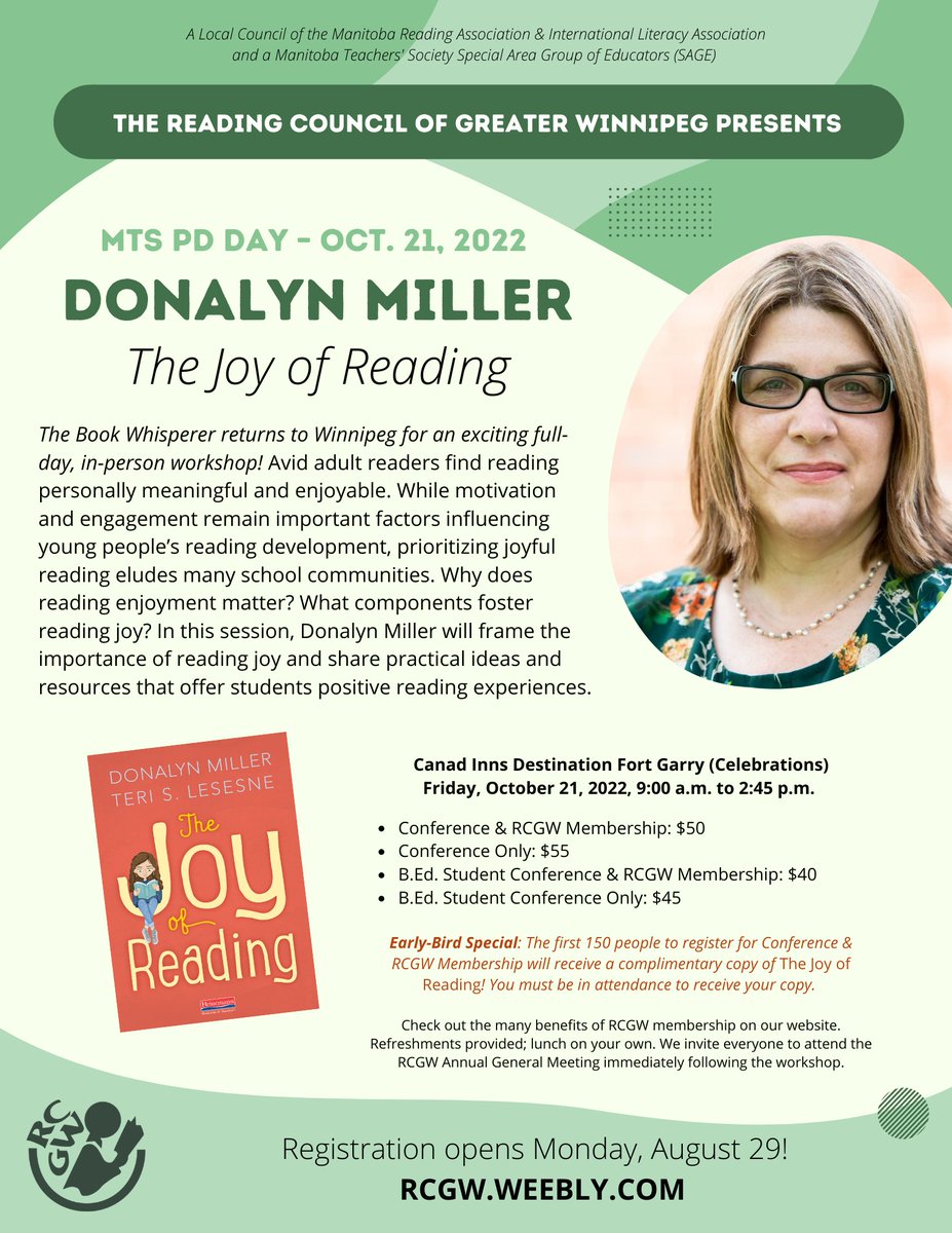 Registration for our #MTSPDDay session with Donalyn Miller opens Monday. The first 150 people to register for the Conference &amp; RCGW Membership receive a complimentary copy of The Joy of Reading. Don't delay, register Monday! rcgw.weebly.com