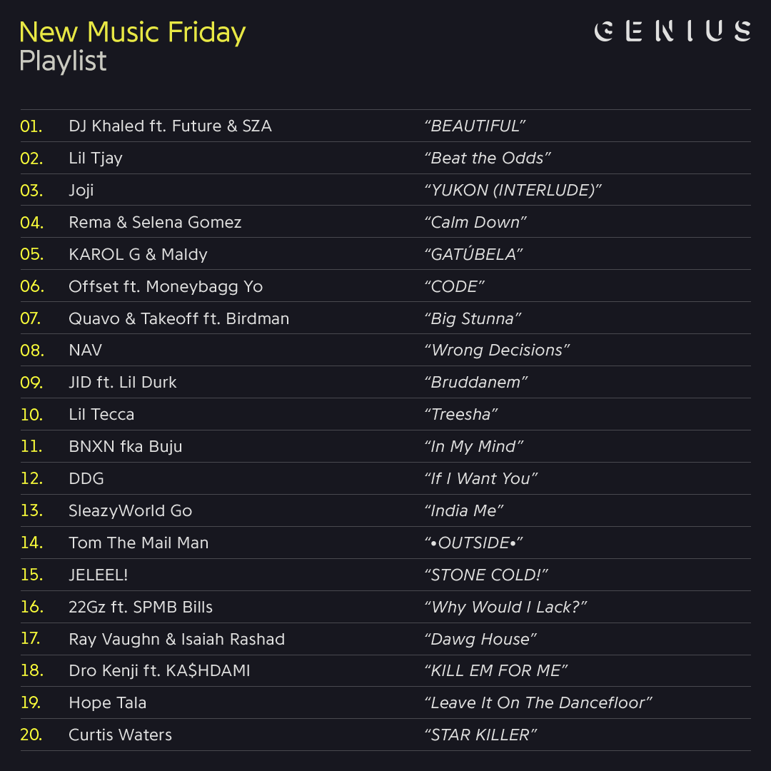 Genius's tweet photo. trying not to think about how many fridays are left in summer by tapping in to all this new music 🌞

tap in to the playlist: https://t.co/Nl1zN4Brg4 https://t.co/yCFjZUG6x6