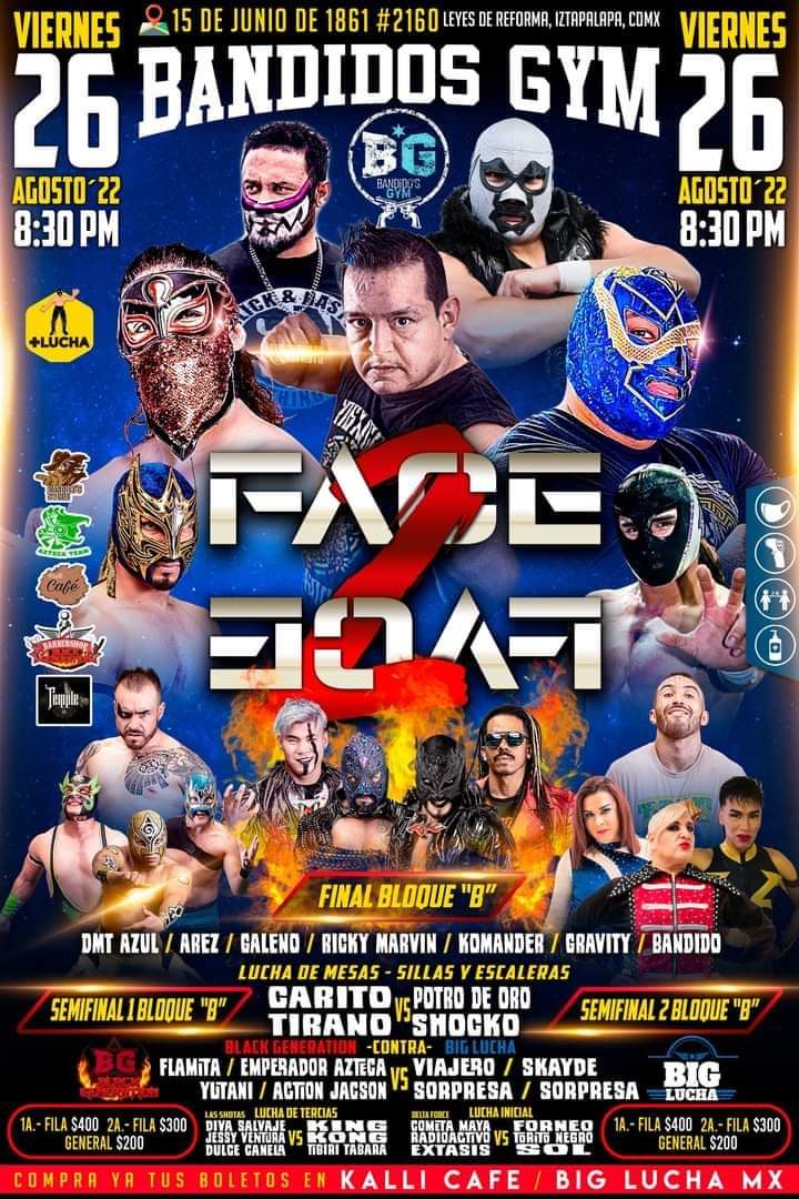 LaTijeraLucha's tweet photo. Hoy, viernes 2️⃣6️⃣ de agosto a las 20:30 horas en el #BandidosGym con su evento de #FaceTwoFace con una lluvia de estrellas:
🔥 #Arez ️🆚️️ #RickyMarvin y #Bandido 🆚️ #GalenoDelMal 
💣 Mesas, sillas y escaleras #Carito y #Tirano 🆚 #PotroDeOro y #Shocko...
Y más. https://t.co/glHXWFwvsV