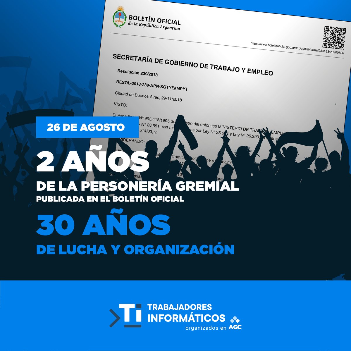 AGCArgentina's tweet photo. A dos años de la publicación de nuestra Personería Gremial en el Boletín Oficial de la República Argentina, le seguimos exigiendo a el Ministro Claudio Moroni que abra la mesa paritaria de las y los @informaticos_ 

https://t.co/azE7imquVb https://t.co/Y2yAueM7fN