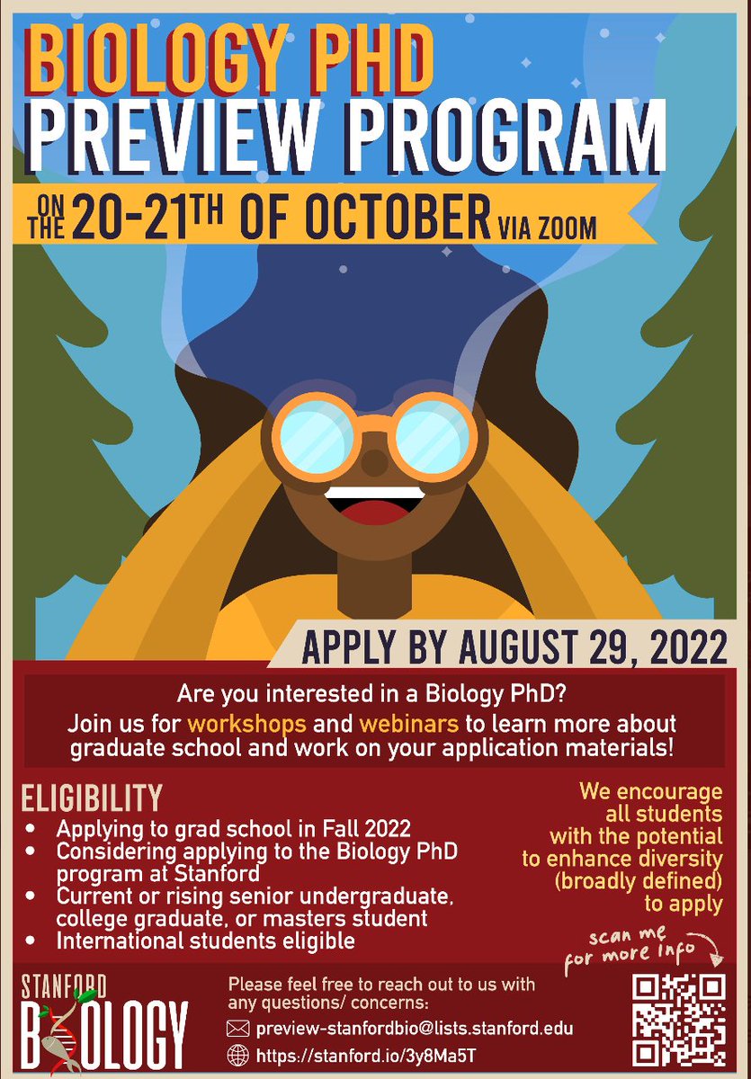 As a reminder, applications for the Stanford Biology Preview Program (BPP) close on Aug 29! If you're interested in learning more about grad school and would like to receive mentoring on your application, this is the program for you! URM applicants are highly encouraged to apply!
