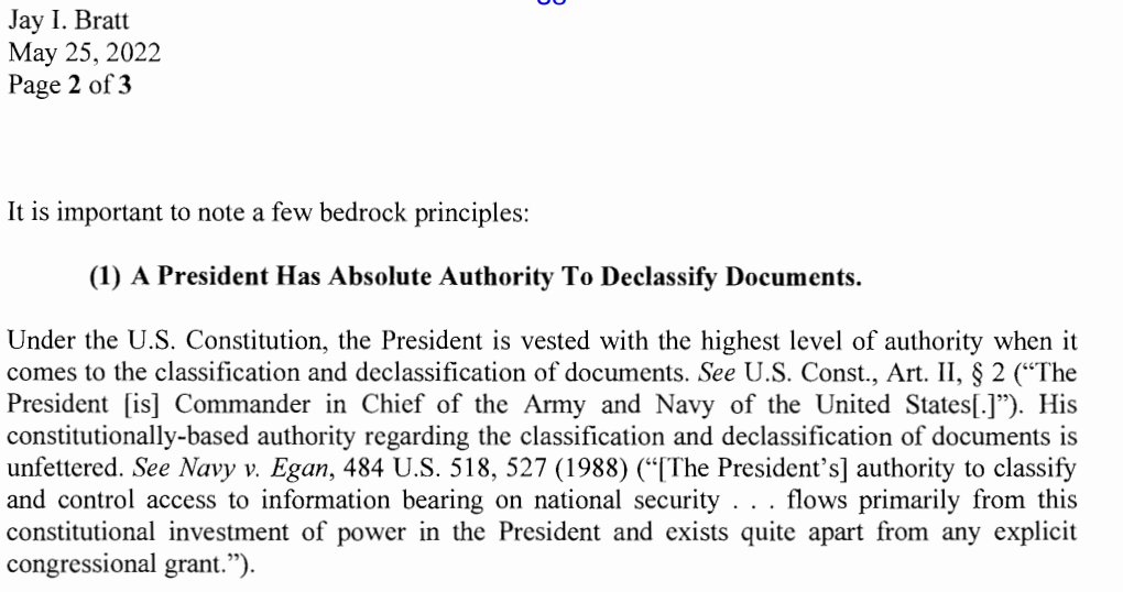 This is striking. If you're a defense lawyer anticipating a search of your client's house and trying to stop it, you make the strongest case you can in a letter like this. Trump's lawyers never claim he actually declassified the documents. That is very telling.