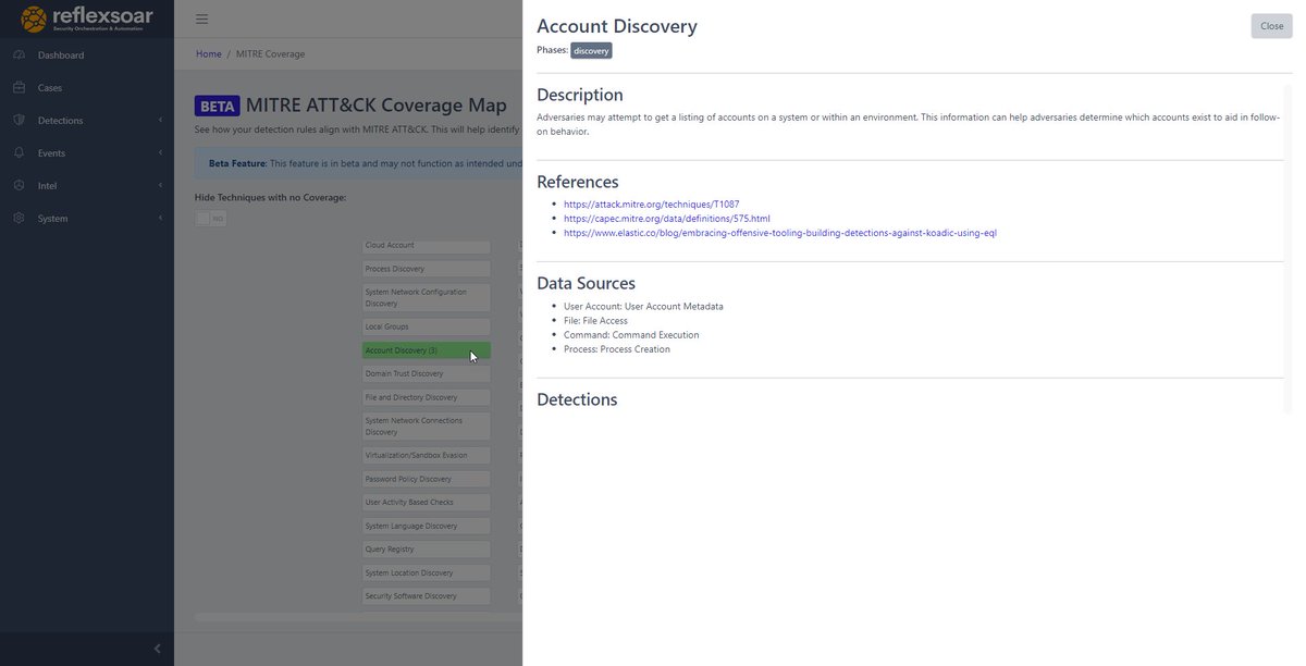 Teasing a Beta feature available with Detections launch.  Select the MITRE ATT&amp;CK Tactics/Techniques when setting up a Detection, Reflex will map it to MITRE for you!  Check your MITRE ATT&amp;CK coverage easily from within Reflex, and see details on the Technique