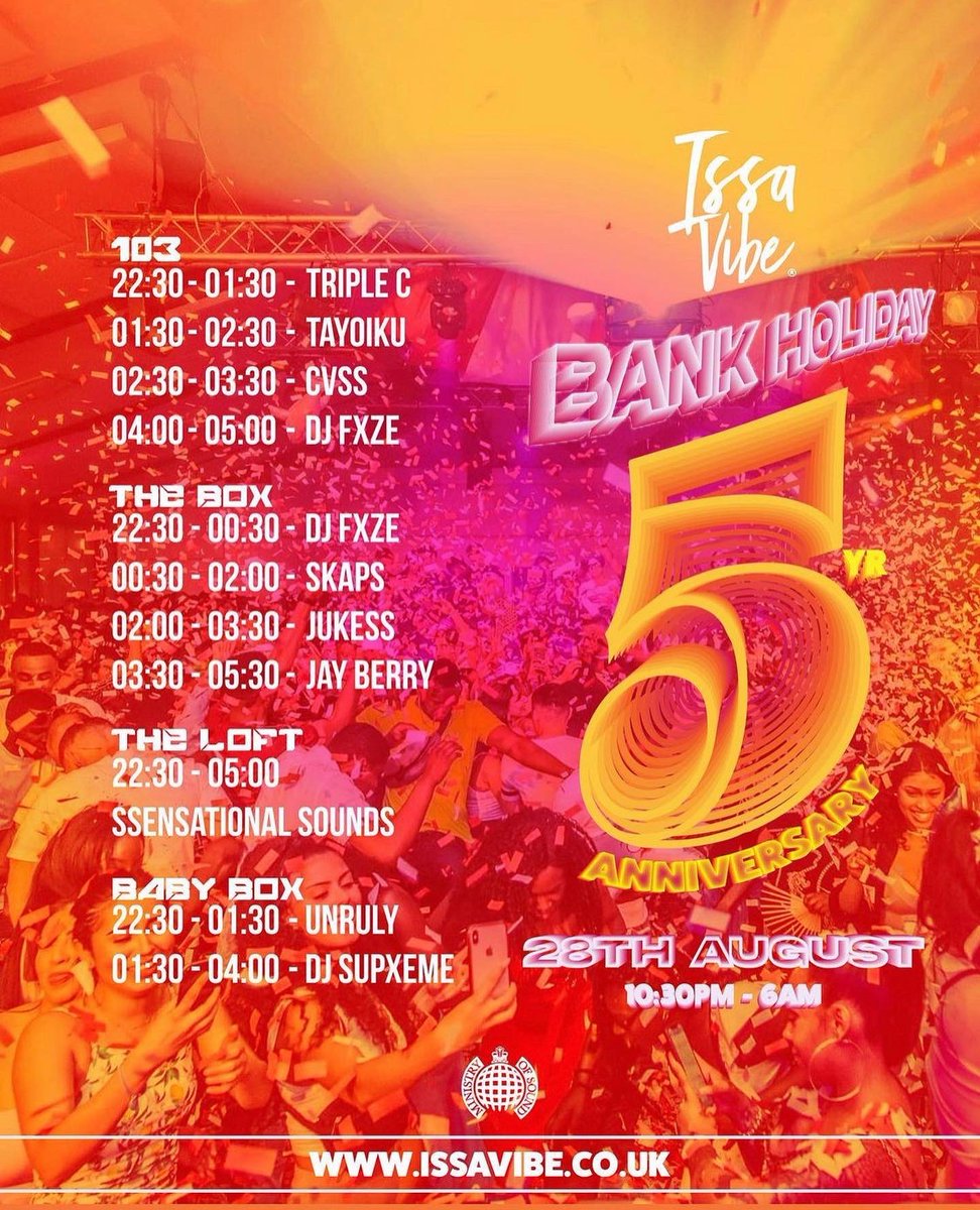 SSensounds's tweet photo. THIS SUNDAY CATCH THE GANGGG SHELLING IT AT THE @IssaVibeFridays 5 YEAR ANNIVERSARY AT @ministryofsound !!! BOIIIII WE CANT WAIT!! WE’LL BE IN THE LOFT WELCOMING YOU TO SHELLINGTON AVENUE! 🫡🫶🏾🕺🏾💃🏽😏🤩🤪 🔥 

#SSensationalSounds #ThisIsGonnaBeLit https://t.co/Ulb8hZS3lP