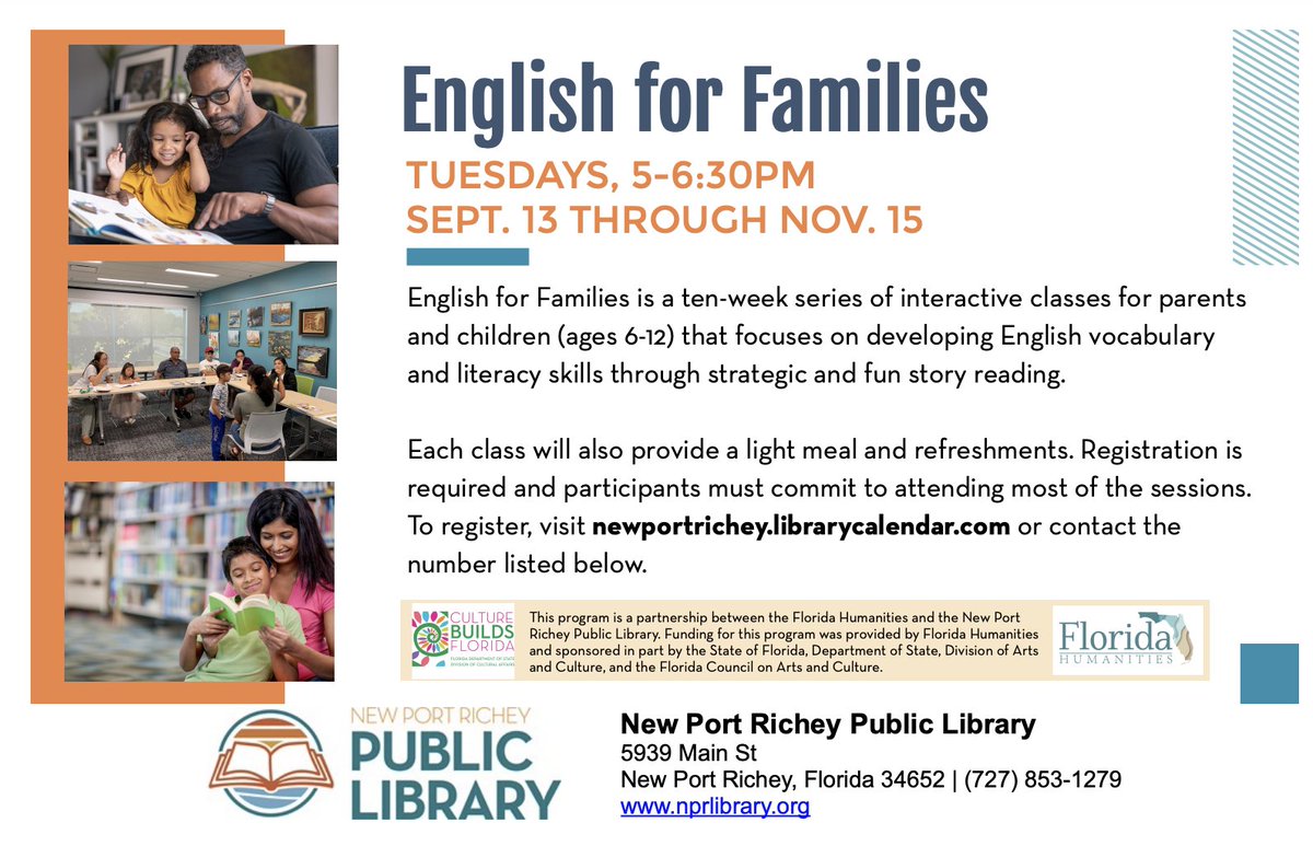 La biblioteca de New Port Richey ofrece clases de Inglés para familias
