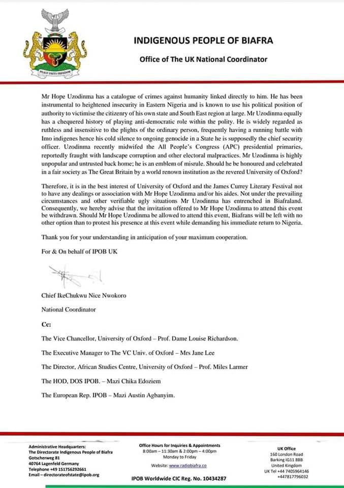 #BREAKING: #IPOB Writes #Oxford University, Demand Immediate Withdrawal Of The Invitation Offer To Hope Uzodimma <a href="/real_IpobDOS/">Directorate Of State (DOS)</a> <a href="/POTUS/">President Donald J. Trump</a> <a href="/BBC/">BBC</a> <a href="/UKinNigeria/">UK in Nigeria🇬🇧🇳🇬</a> <a href="/EUinNigeria/">EU in Nigeria 🇪🇺🇳🇬</a>