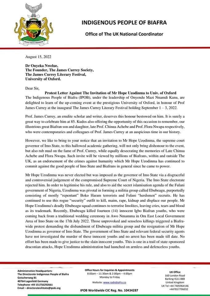 ChinasaNworu's tweet photo. #BREAKING: #IPOB Writes #Oxford University, Demand Immediate Withdrawal Of The Invitation Offer To Hope Uzodimma @real_IpobDOS @POTUS @BBC @UKinNigeria @EUinNigeria https://t.co/U6fYKSirLP