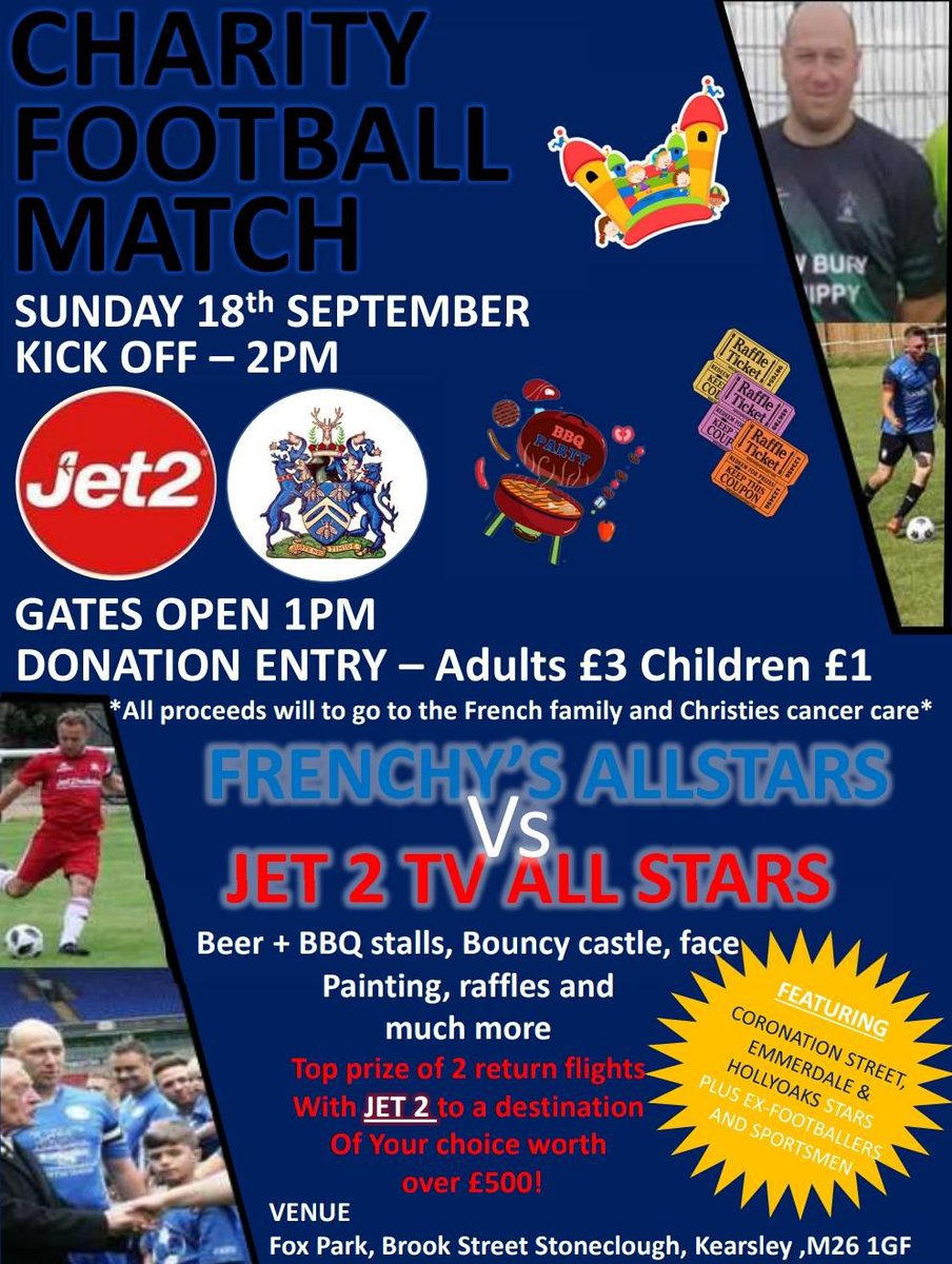 LETS FILL THE GROUND FOR FRENCHY’S  ALL STARS 
 <a href="/stonecloughfc1/">Stoneclough FC</a> <a href="/talkSPORT/">talkSPORT</a> <a href="/MENSports/">MEN Sport</a> <a href="/BenSportsNews/">Ben Sports News</a> <a href="/BOLTONFMSPORT/">Bolton FM Sport</a> 
Please retweet