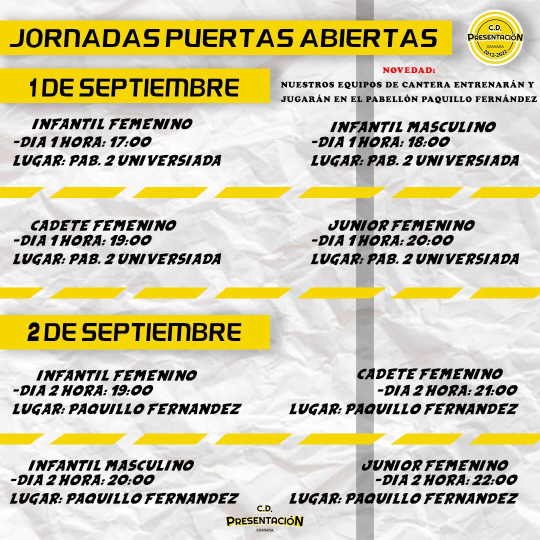 CDPresenGranada's tweet photo. ⚠️ATENTOS, HAY CAMBIOS⚠️

Las jornadas de puertas abiertas de Presen cuentan con dos instalaciones, consulta aquí el horario desde minibasket hasta senior provincial
Te esperamos el día 1 en el PABELLON UNIVERSIDAD 2 y el día 2 en el Pabellón Paquillo Fernández 🏀💛 https://t.co/FbbEWaFzHK