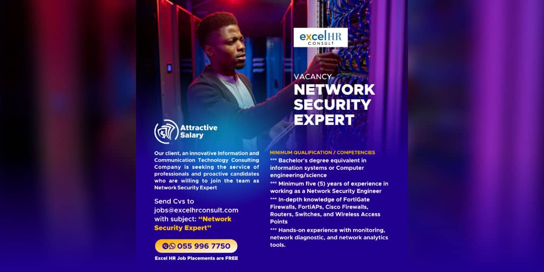 ExcelHr's tweet photo. Career Opportunity- Network Security Expert

Qualified and Interested? Kindly send updated CVs to jobs@excelhrconsult.com https://t.co/wJuh3nj98a
