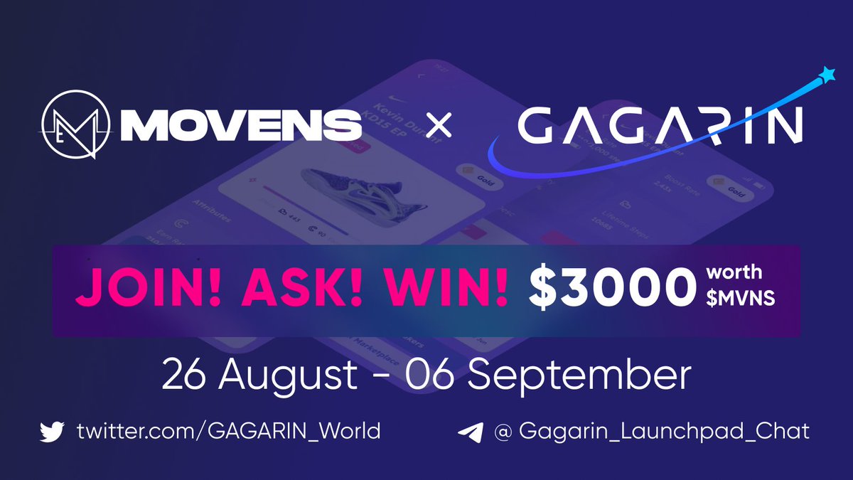 GAGARIN_World's tweet photo. 💥On the occasion of the @movens_ #IDO on @GAGARIN_World we are announcing a $3000 #giveaway !
 
📆 August 26 – September 6
🎁 $3000 worth $MVNS
🏆 100 winners
 
1/ Ask your question to #MOVENS in the comment
2/ Tag 2 friends  
3/ Complete tasks 👇
https://t.co/cUBAZAK52Y https://t.co/Bwft0FTeNV