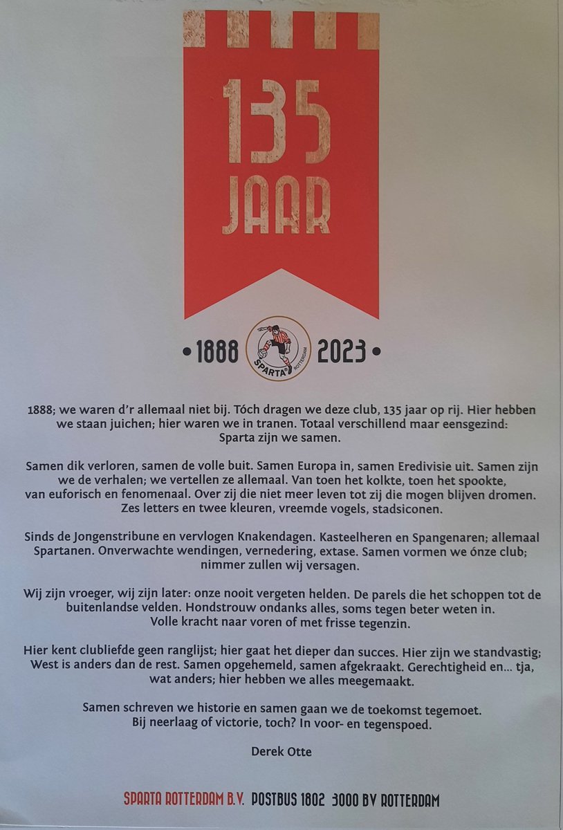Dit seizoen staat in het teken van de 135e verjaardag van de oudste profclub van het land. Spartaan en dichter Derek Otte fabriceerde fabelachtige zinnen, die mijn gevoel voor Sparta in elke letter benadrukt. West is anders dan de rest. #Sparta135Jaar ❤️🤍