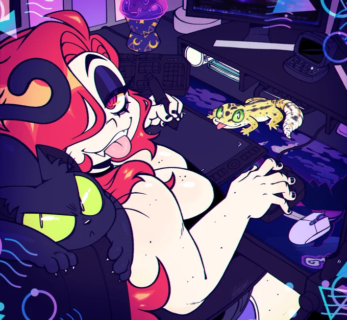The tour box neo I got makes it easy for a left-handed gal like me to not take my pen off the tablet. I just hold it with my right hand and my work time is cut in half cause all my shortcuts are in one lil cube! I love it! (Feat. My cat, Manic and my leopard gecko, Razz) 