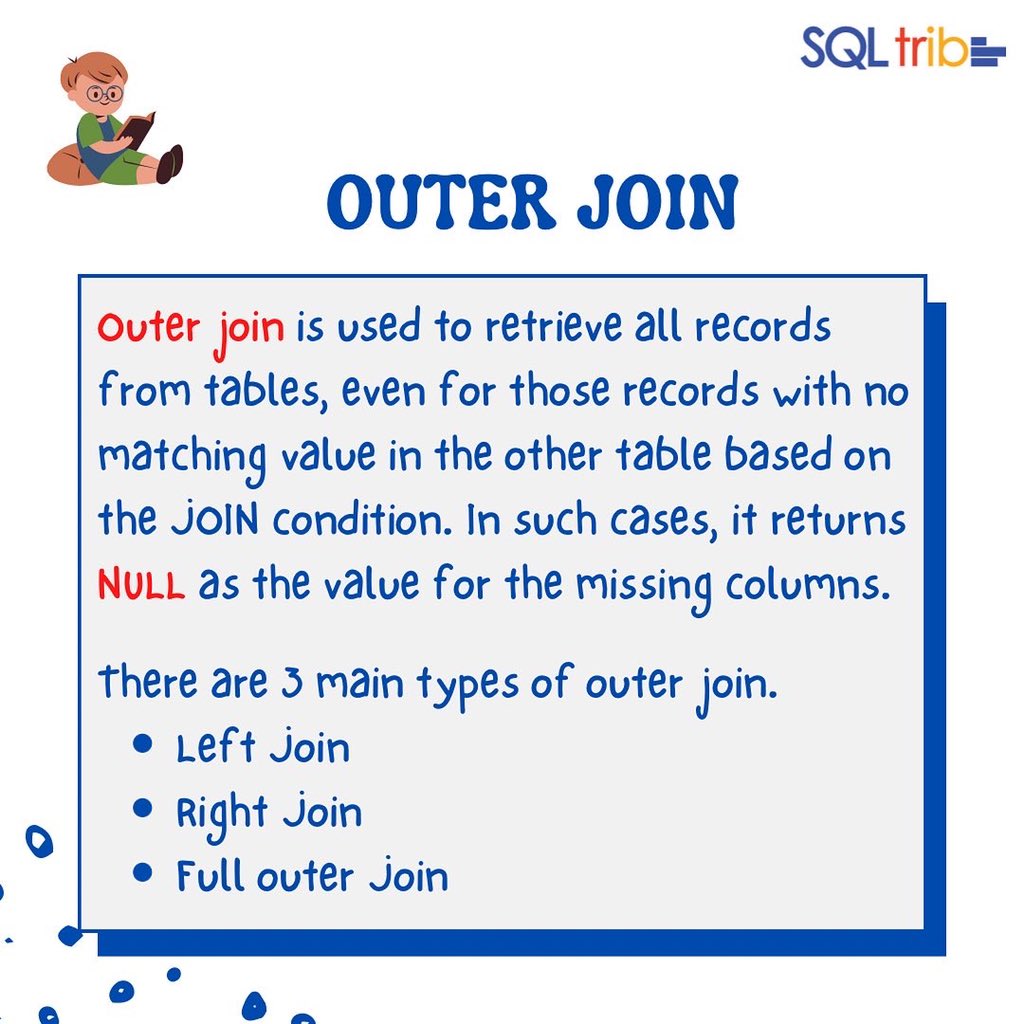 thesql_tribe's tweet photo. Today, we will learn about the Outer Join, one of the types of joins in SQL. 

Check out the different types of Outer Joins, and let us know if you have any questions.

#sql #thesqltribe #joins #outerjoin https://t.co/fXRmOS3eD5