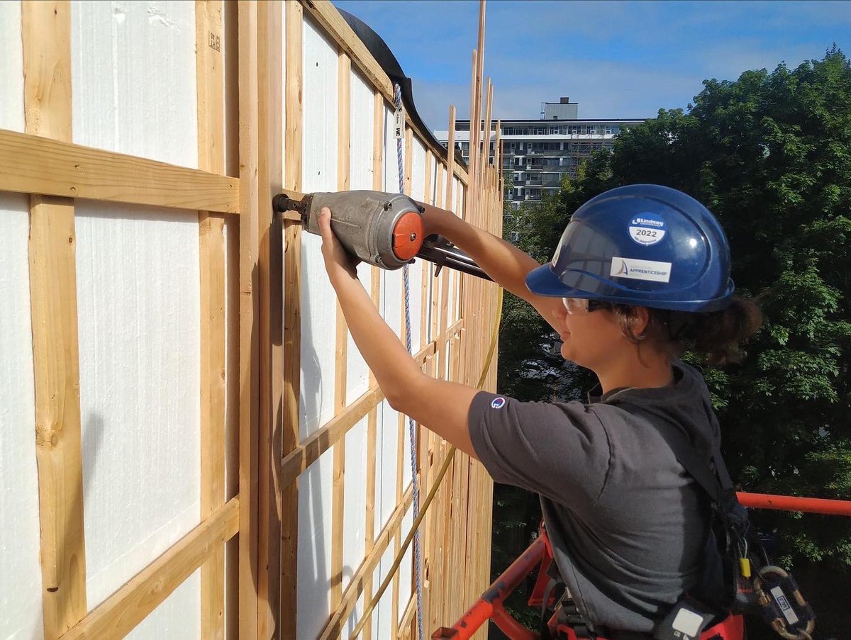 LindsayConstruc's tweet photo. As our summer interns head back to class we're wishing each of them all the best, incl talented carpentry student Clara Haws! On site with our team at Mi’kmaw Native Friendship Centre - Diamond Bailey Healing Centre, we're excited to see what your future holds! #TeamLindsay https://t.co/f98EgXgWDT