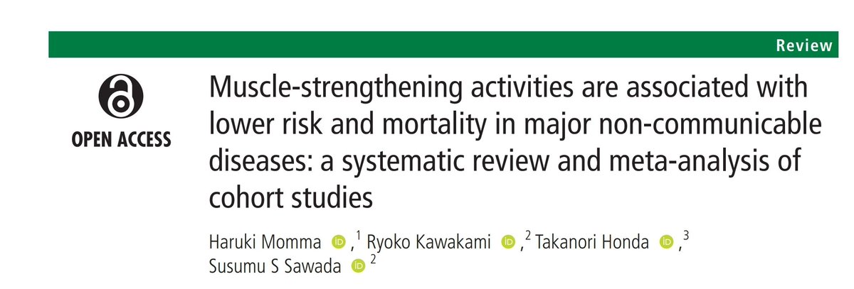 DrNicolasHart's tweet photo. Muscle-strengthening activities (~60 min/week) associated with 10-17% lower risk of CVD, cancer, diabetes, and all-cause mortality... independent of (but amplified when combined with) aerobic activities among adults:
https://t.co/XWTpBBSJMa
Start lifting, and get moving! #ExMed https://t.co/eZ0CgNEzeD