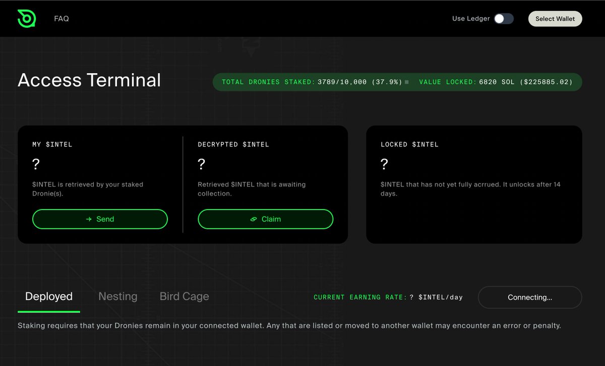 Those who bought <a href="/DroniesNFT/">Dronies</a>  early this year, make sure you are STAKING them. 

All that means is you're locking them in exchange for our token called $intel. You'll be able to use Intel for cool things later.

Staking is easy, just connect wallet here: stake.droniesnft.com