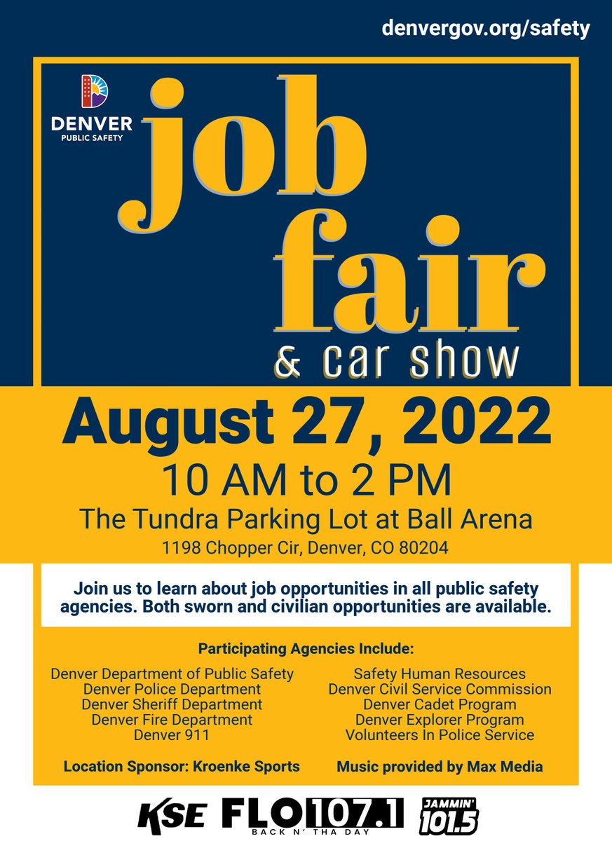 DFDRecruiting's tweet photo. The Denver Public Safety Job Fair is tomorrow! Stop by the Tundra Parking Lot at Ball Arena between 10 AM and 2 PM.  Come see our Antique Fire Engine, our Recruiting Team and our current Denver Fire rigs.  We will have a car show, food and fun for all ages. https://t.co/OaJj4htfta