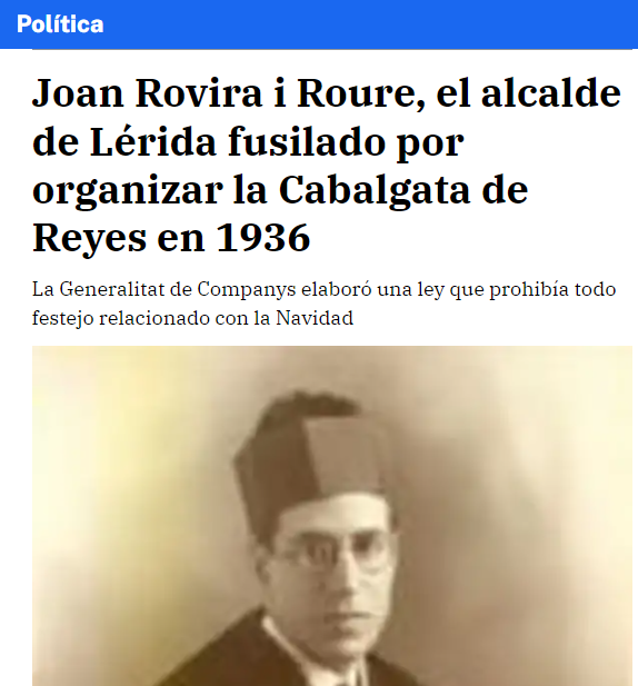 CCivicaCatalana's tweet photo. Hoy hace 86 años el alcalde de #Lérida fue torturado y finalmente fusilado por haber celebrado la Cabalgata de Reyes Magos, incumpliendo las estrictas órdenes de Companys (ERC).

Companys es ese tipo al que le dedican calles, plazas y estadios olímpicos. https://t.co/qhCJ1MxA3v