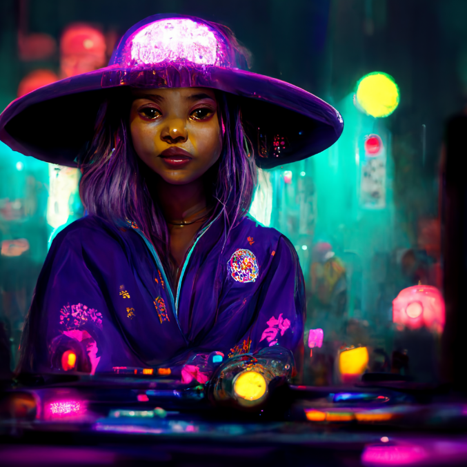 EnchanterOrbus's tweet photo. Gwendolin transitions her DJ set into melodies that synchronize with the distant hums of the netherworld. A spirit comes forth and performs, dazzling the city's onlookers in a @Runiverse moment never forgotten. @forgottenrunes @midjourney https://t.co/4QQScziHmI