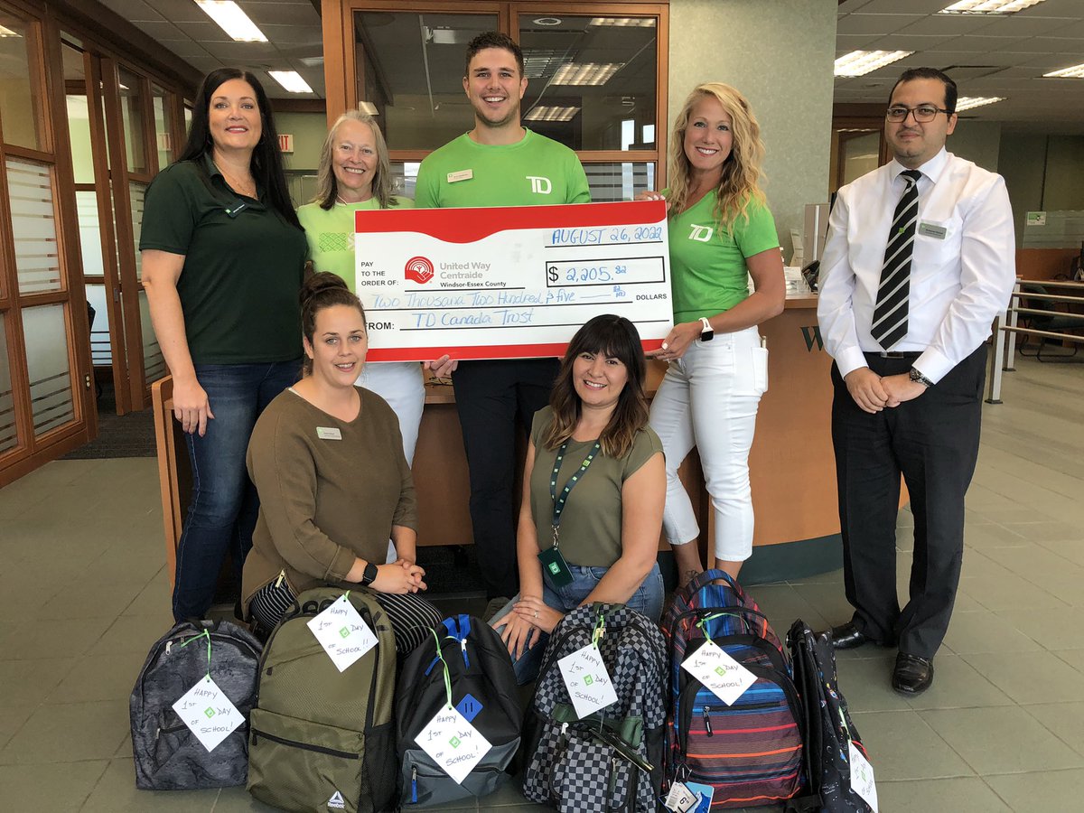 Had an awesome visit with the <a href="/TD_Canada/">TD (Canada)</a> Windsor-Essex team today! $2,205 and six fully stocked backpacks donated to @UnitedWayWE’s #Backpacks4success program, ensuring our local youth have the supplies they need for a successful year. Thx to all who contributed!