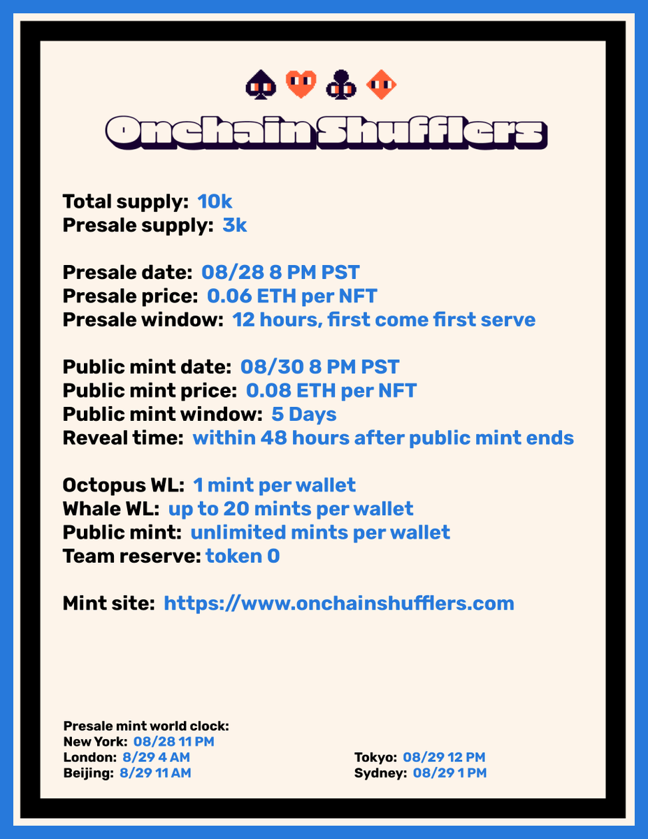 Mint details are here🥳

Presale Date: August 28, 8 PM 2022 PST ⏰

Mint at OnchainShufflers.com ♠️♥️♣️♦️

#NFT #NFTCommunity #NFTdrop #nftart