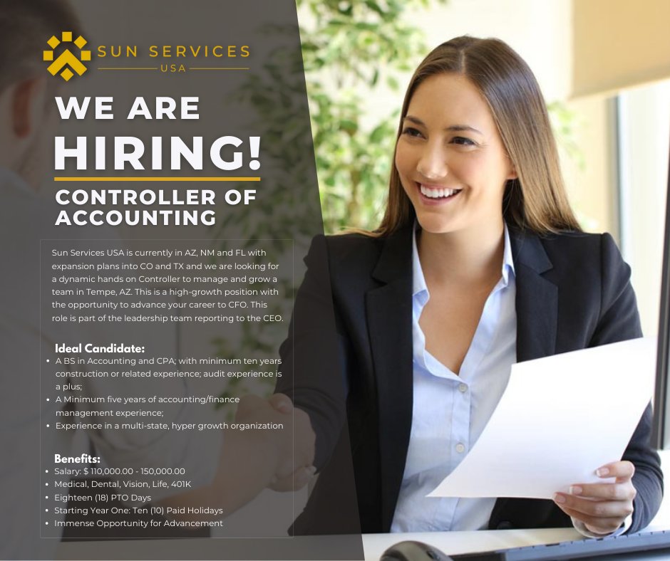SunServicesUSA's tweet photo. To apply or get more info about this position, you can head here: https://t.co/nFMtuk3iff. We look forward to hearing from you! 🌤️

#SunServicesUSA #nowhiring #solar #employment #hiring #opportunity #accounting #jobsearch #recruitment #recruiting #career #hiringnow #jobopening https://t.co/Le485qUovs