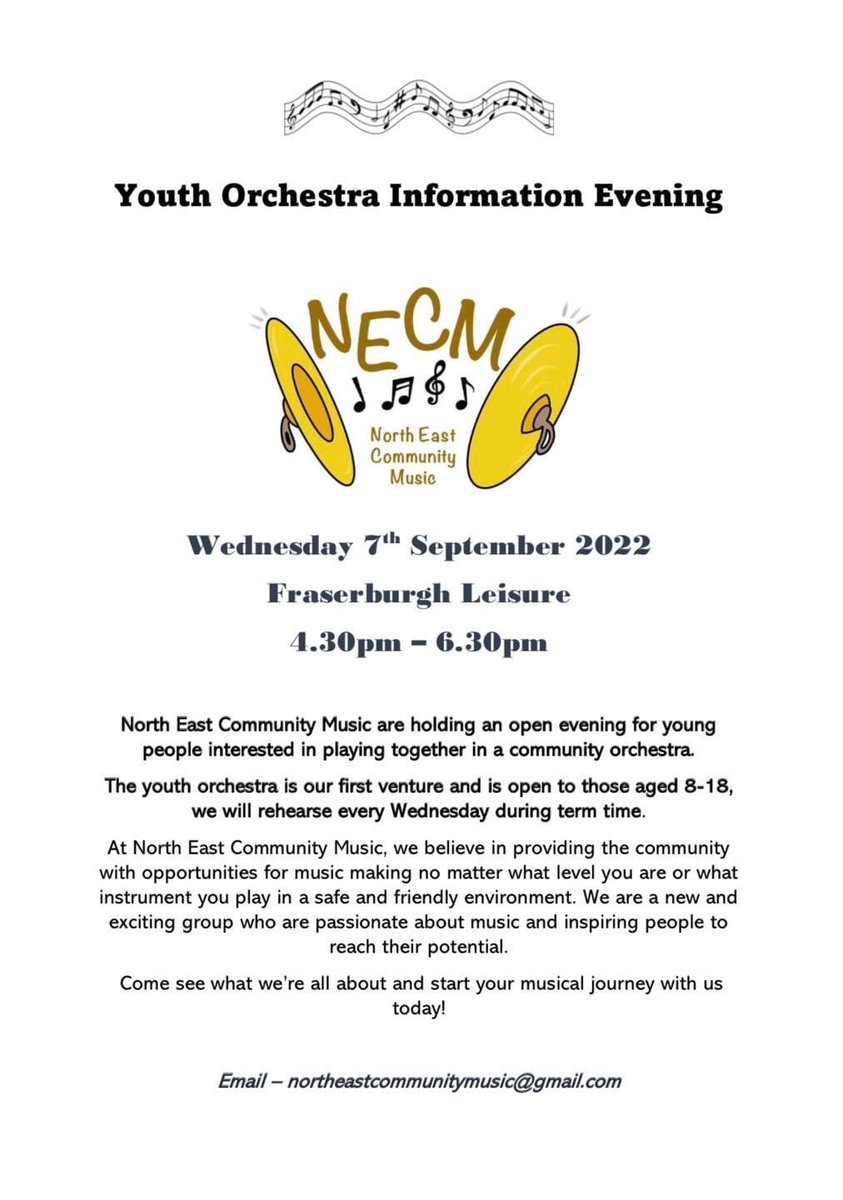 NECOMMUSIC's tweet photo. Exciting news!!! Come and see us on Wednesday 7th September, to find out more about a new youth orchestra for north Aberdeenshire!! #youthmusic #orchestra #aberdeenshire https://t.co/XhsdeWC3AT