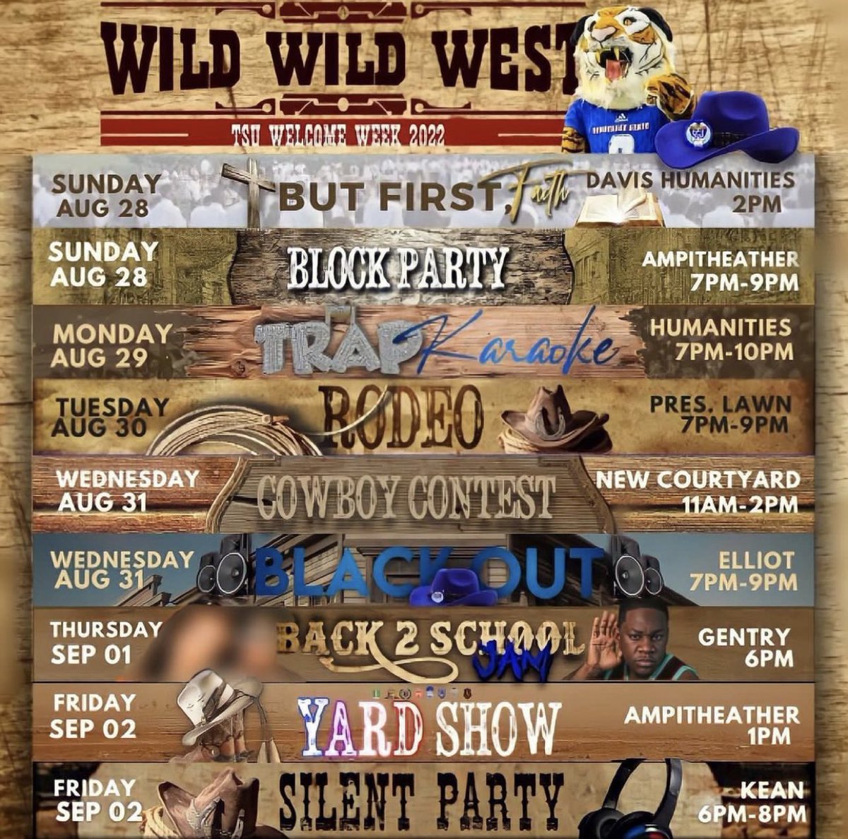 theTSUradio's tweet photo. Get ready tigers!! which day are u most excited for?? #tsuwelcomeweek #tsu #tsu22 #tsu23 #tsu24 #tsu25 #tsu26 https://t.co/qUH0NO1j3i