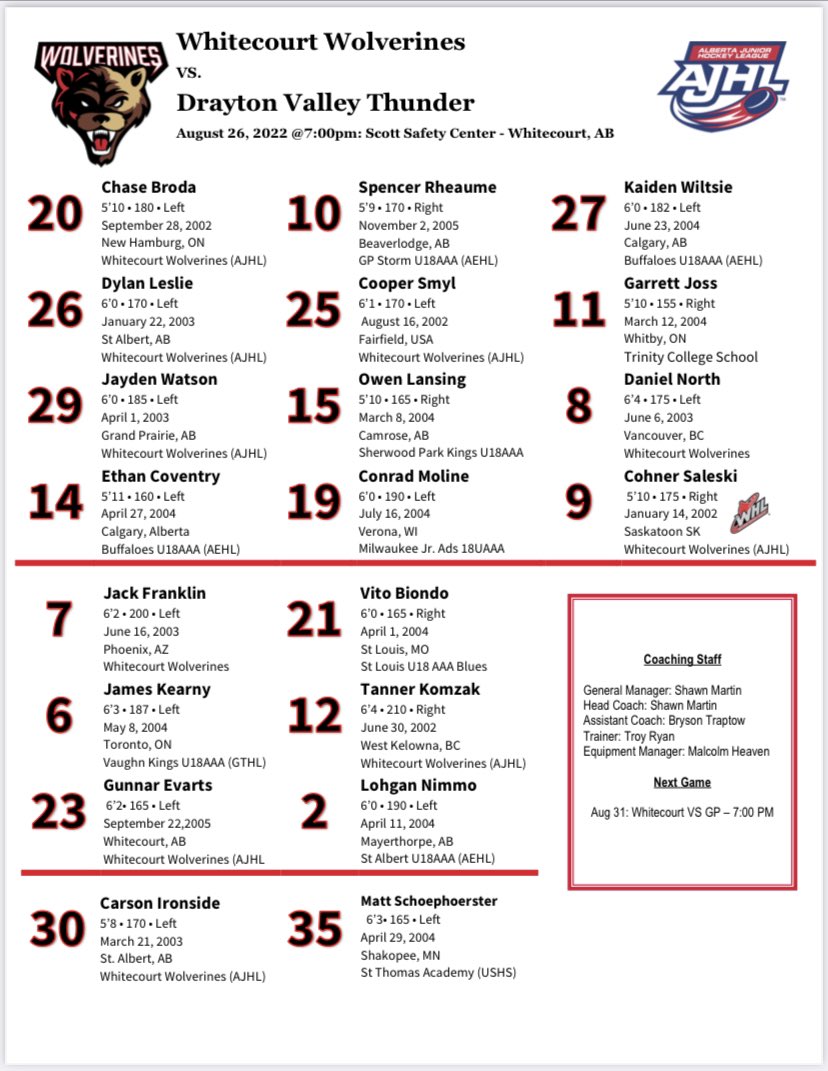 The second game in a home and home exhibition series between <a href="/DVThunder/">Drayton Valley Thunder</a> and <a href="/WolverinesJrA/">Whitecourt Wolverines</a> goes tonight at 7:00pm on <a href="/MyHockeyTV/">HockeyTV</a>.