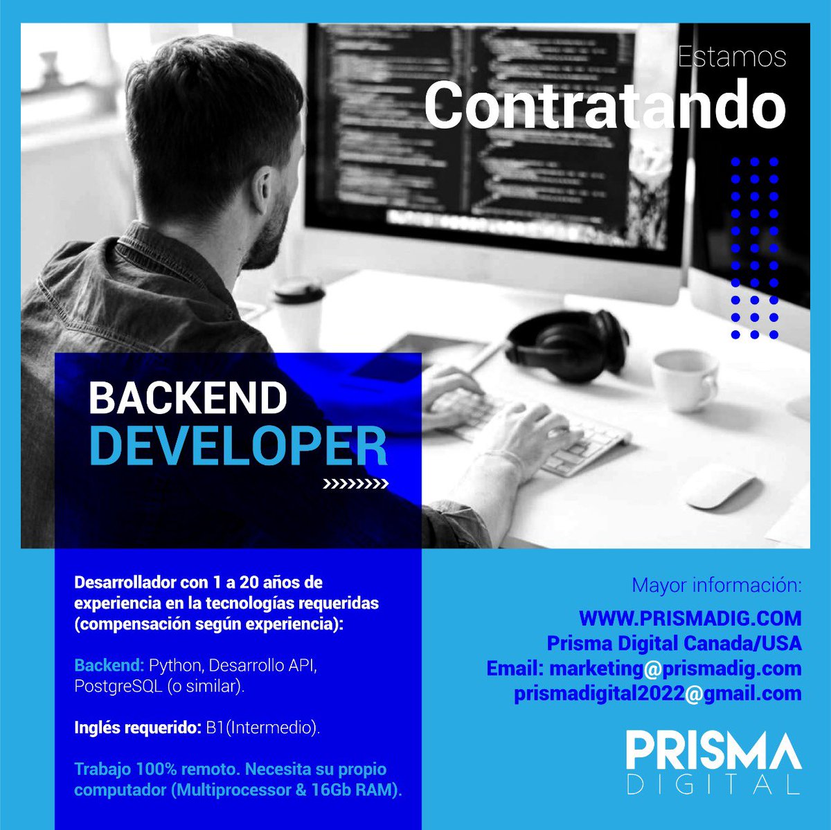 prismadig's tweet photo. En @Prismadig, estamos en la búsqueda de un #Desarrollador #backend, con el propósito de generar proyectos en #norteamérica y #canada. Haz parte de nuestro #equipo. #somosprismadigital #prismadigital #TI #netwoks #Data #Reclutamiento #html #css #react #js #angular #workwithus https://t.co/FgfR7ZMV5d