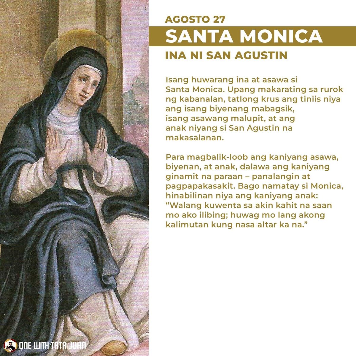 TataJuanMalibay's tweet photo. Agosto 27 | Santa Monica
Ina ni San Agustin
Santa Monica, ipanalangin mo kami.
*****
Bisitahin at i-like ang Facebook Page:
One with Tata Juan
#OneWithTataJuan #SaintOfTheDay #500YearsOfChristianity #MisioAdGentes https://t.co/75Go88aixs