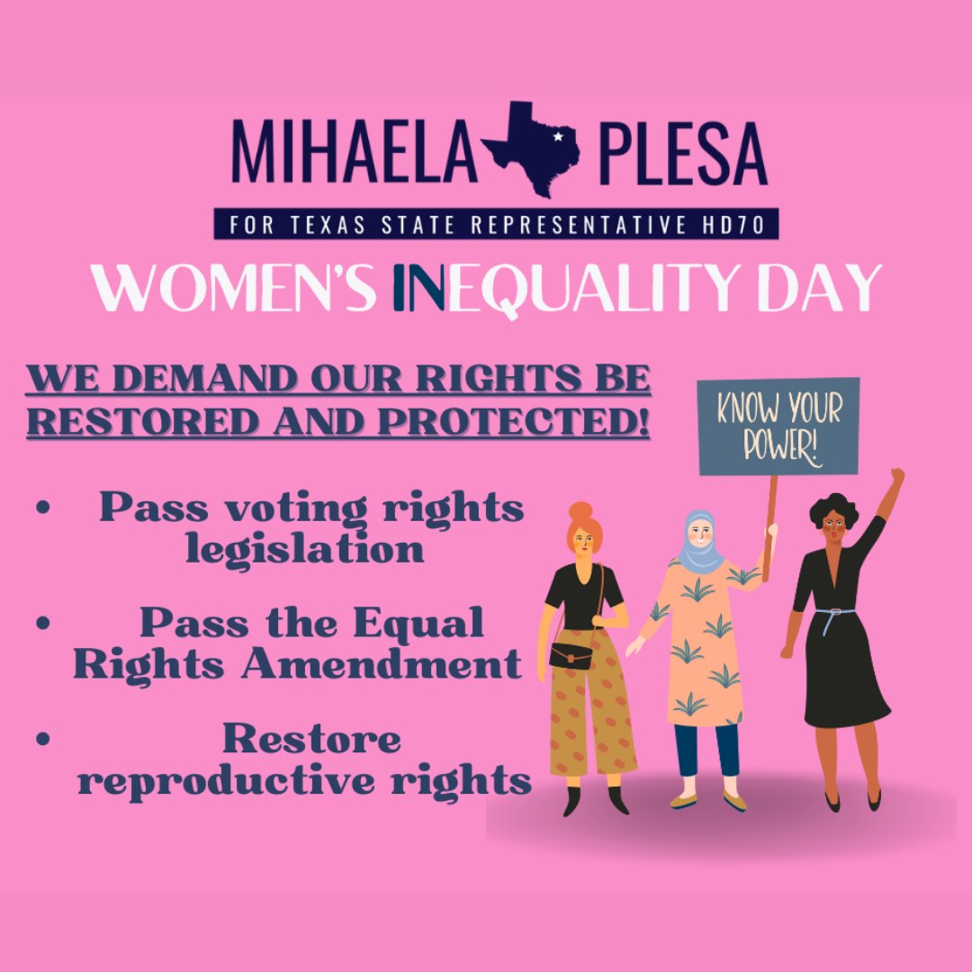 plesafortexas's tweet photo. Today is known as #WomensEqualityDay, the anniversary of the of the #19Amendment.
This year however feels more like #WomensInequalityDay.
We want a gov that represents us by:
Passing voting rights legislation
Passing the #EqualRightsAmendment
restoring reproductive rights https://t.co/odXMONOqTF