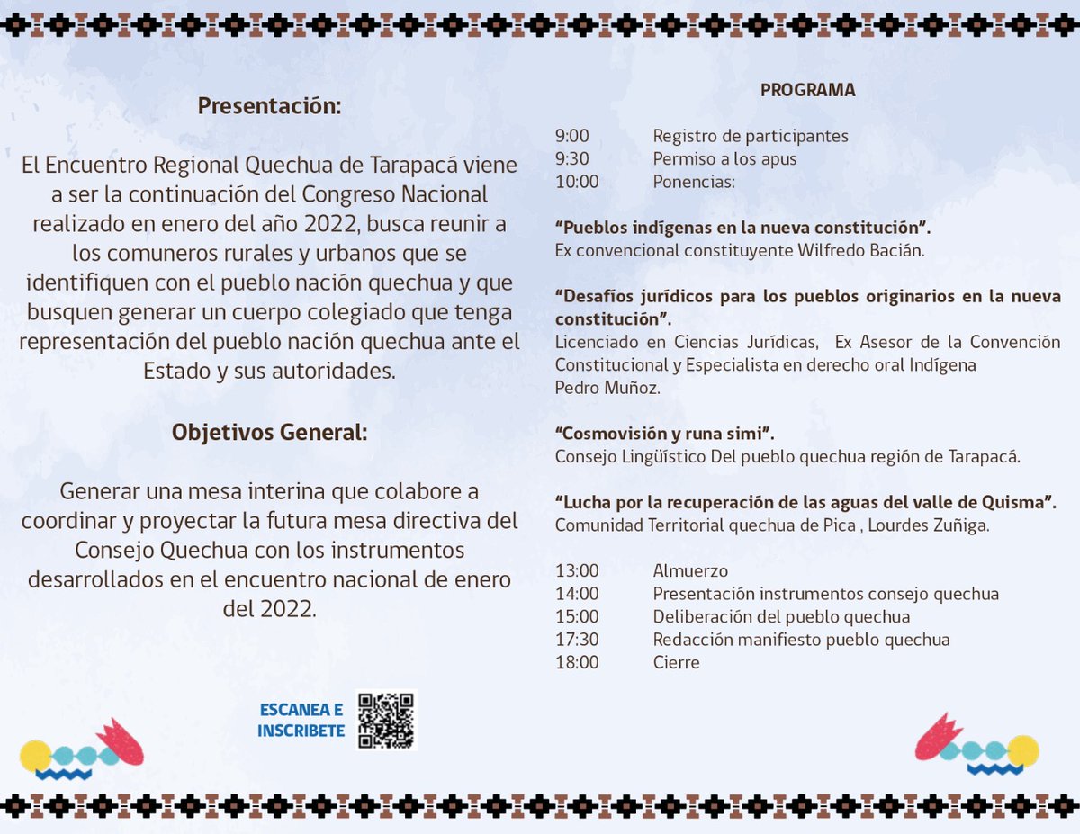 Mañana estaremos en el encuentro regional del Pueblo Quechua de Tarapacá. Oportunidad de conversar sobre los desafíos que nos atañe como pueblo nación en la actual coyuntura política que vive nuestro país. 
Por un Chile mas justo. Kausachum !
#PuebloQuechua
#AprueboUnChileMejor