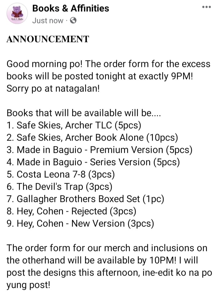 BooksAffinities's tweet photo. 𝐀𝐍𝐍𝐎𝐔𝐍𝐂𝐄𝐌𝐄𝐍𝐓
📣 EXCESS BOOKS FOR SALE!!!
Safe Skies Archer, Made in Baguio Premium and Series, Costa Leona 7-8, Hey Cohen, The Devil's Trap, Gallagher Brothers Boxed Set

📣 UNOFFICIAL MERCH FOR SALE!!!
SSA, MIB, HC, CLS 7-8, TDT, GB, TRIE, TTW, UHH, EOMB, LWL, TWSIA https://t.co/htRZAbRclc